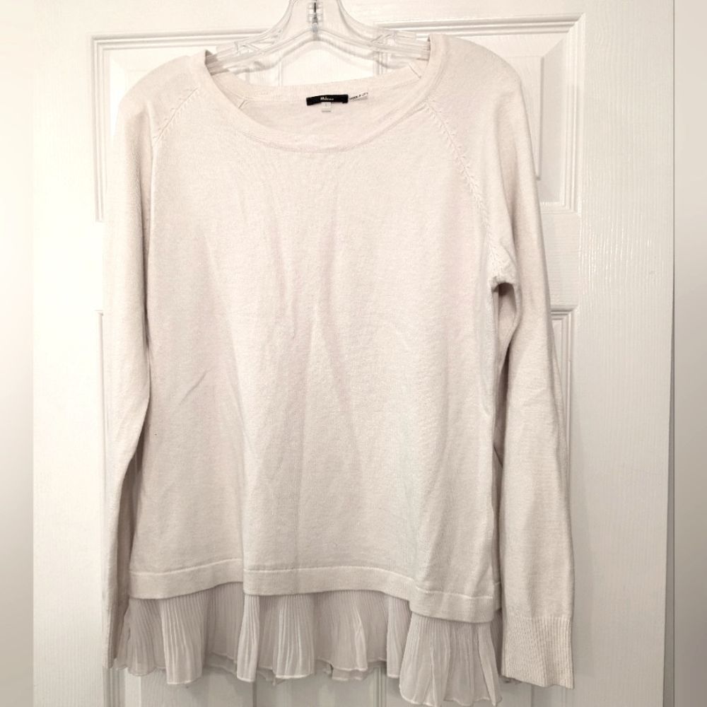 Milano cream wool bland crew neck pullover sweater ruffle sheer hem soft size L